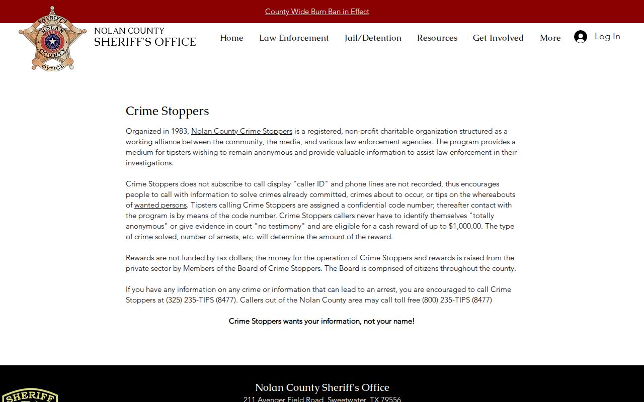 Nolan County Crime Stoppers anonymous tip and confidential code information