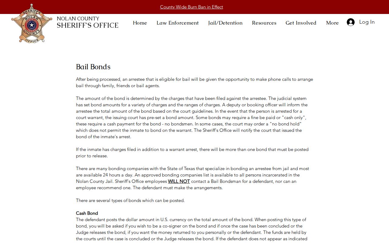 Nolan County Sheriff cash, surety, personal-recognizance, and property bond guidance