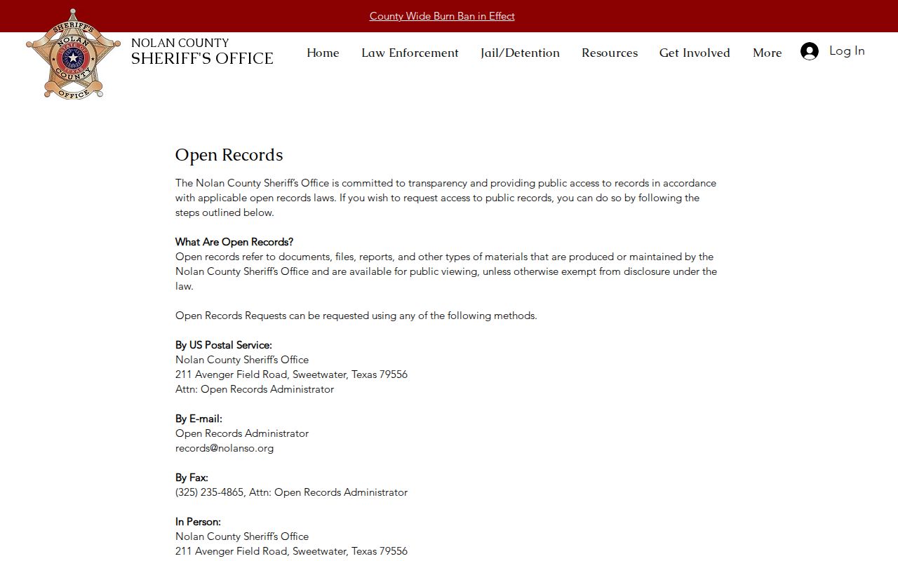 Nolan County Sheriff open-records request methods and response guidance