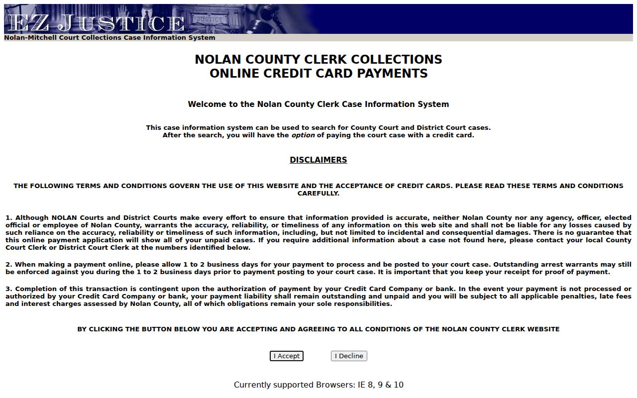 Nolan County collections case information portal and search entry