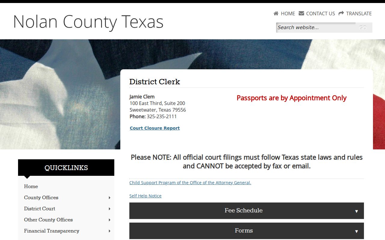 Nolan County District Clerk public contact and filing information