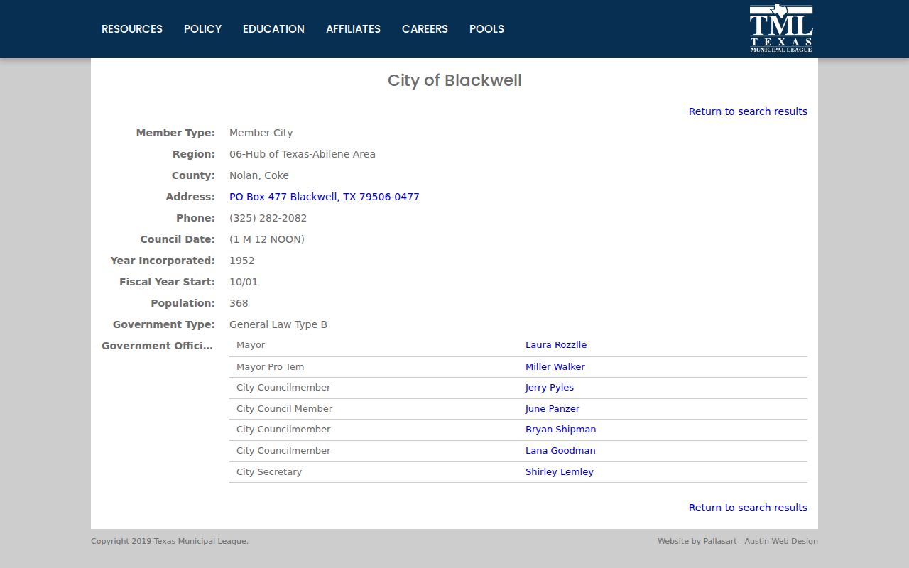 Texas Municipal League Blackwell city contact profile