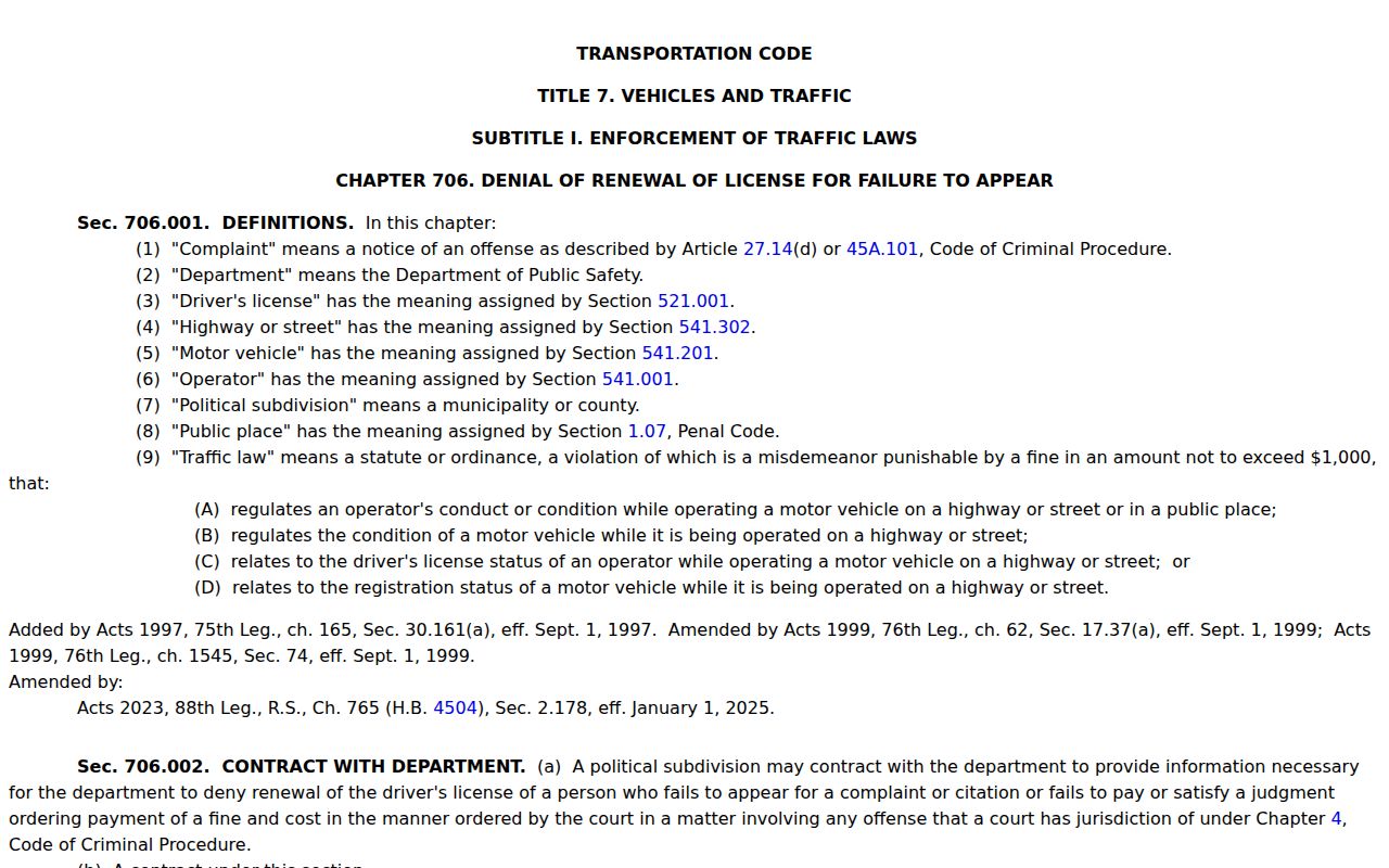 Texas Transportation Code Chapter 706 court reporting and license-hold framework