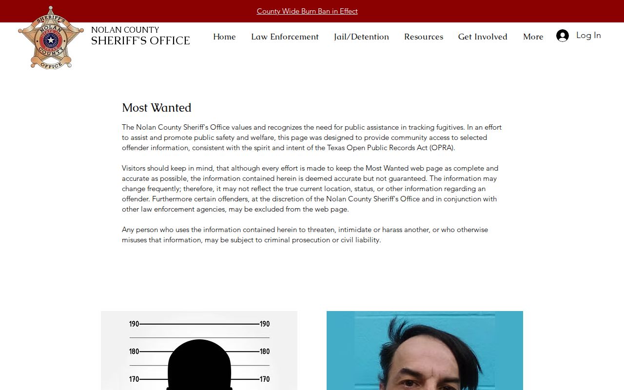 Nolan County Sheriff Most Wanted page with live roster content excluded