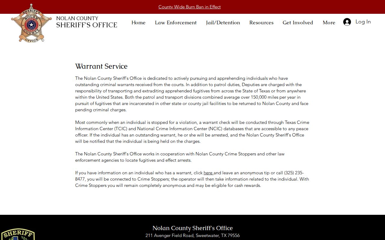 Nolan County Sheriff explanation of warrant service and law-enforcement database checks
